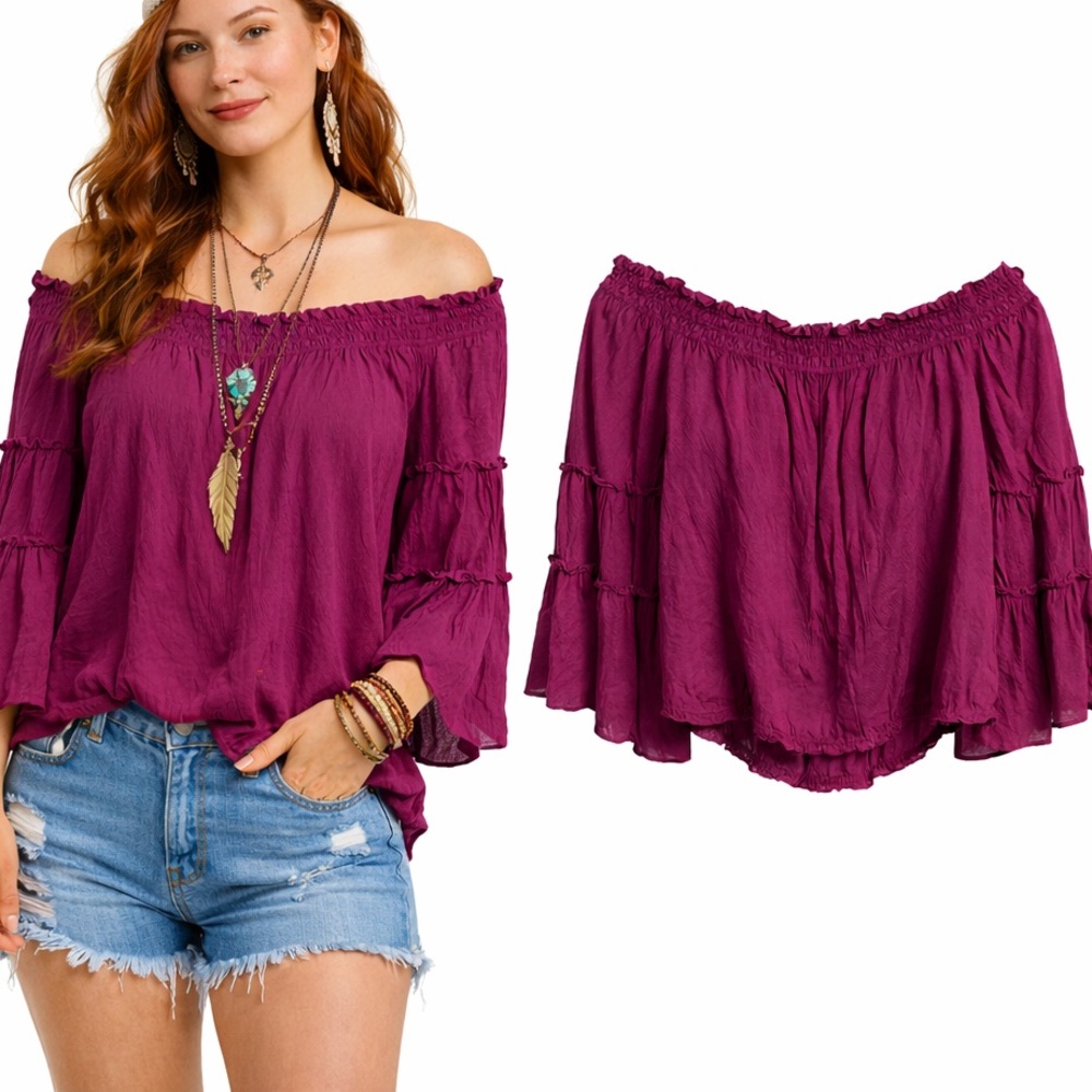 Free People‎ Magenta Off The Shoulder Tiered Bell Sleeve Boho Peasant Top Small